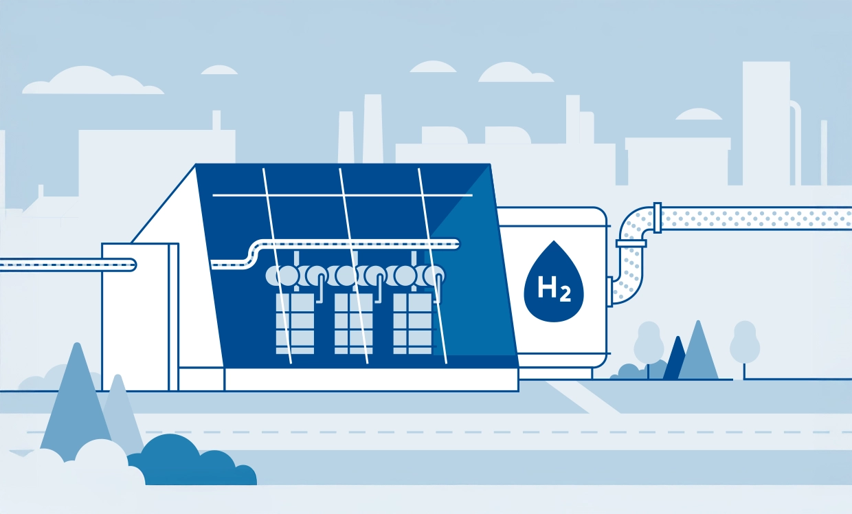 Ein blaues Comic-Design eines Wasserstoffkraftwerks.